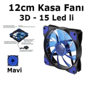 12cm Kasa Fanı - 3D - 15 LED - Lastik Pad - Mavi Renk