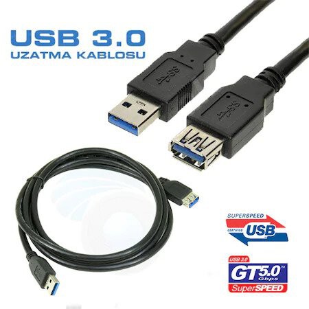 USB 3 USB 3.0 Erkek Dişi Uzatma Kablosu 5 GBPS Kaliteli Siyah 1metre