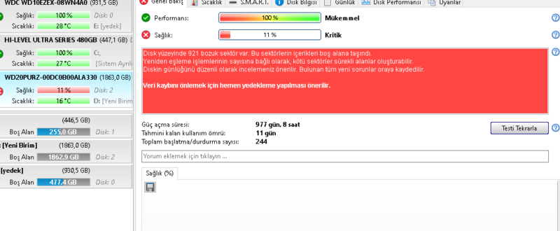 Sağlığı düşük hard disk 2 tb WD20PURZ  