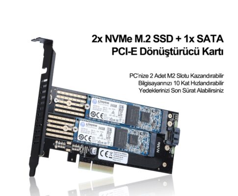 1x SATA + 2x NVMe M.2 SSD PCI-E Dönüştürücü Kartı  