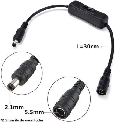 Anahtarlı Dc Adaptör Güç Power Dişi Erkek Bağlantı Kablosu 5.5x2.1mm  